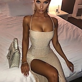 levne Bodycon Club Dresses-dámské pouzdrové šaty společenské šaty krátké minišaty šampaňské zlaté modré bez rukávů čistá barva bez zad nařasené jaro léto studené rameno personalizované stylové horké párty slim 2023 s m l xl xxl