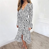 levne Šaty-Dámské Midi šaty Bavlněné plátěné šaty Klasické Moderní Venkovní Dovolená Jdeme ven Běžný Leopard Dlouhý rukáv Do V Bílá Khaki Šedá Léto