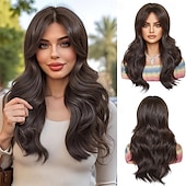 abordables Perruques Synthétiques Sans Bonnet-Perruque marron ombré pour femme avec frange rideau, cheveux synthétiques bouclés naturels de longueur moyenne, résistants à la chaleur, pour un usage quotidien, pour un cosplay ou une fête