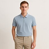 cheap Men&#039;s Elite Polo-Men&#039;s Silk Linen Cotton Business Casual Half Zip Short Sleeve Basic Formal Solid Color Zipper Summer Black Dark Navy Sky Blue Dark Green Gray
