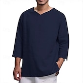 baratos Clássico-Homens Camisa Social Camisa de linho Camisa Popover camisa de verão Roupa de Praia Côr Sólida Férias Casual Preto Azul Marinha Azul Céu cáqui 3/4 de Manga Decote V Verão Primavera Roupa