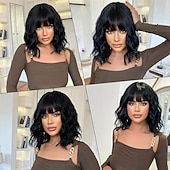 baratos Perucas Sintéticas sem Touca-perucas para mulheres peruca preta curta ondulada com franja peruca bob cacheada comprimento dos ombros perucas femininas perucas de fibra sintética resistente ao calor para uso diário em festas