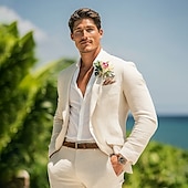 abordables Costumes de mariage-Costumes de mariage d&#039;été en lin pour hommes, blanc, bleu ciel, mode, demi-doublé, léger, couleur unie, coupe standard, 2 pièces, simple boutonnage, un bouton