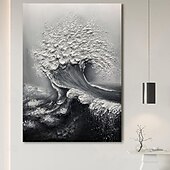 abordables Peintures paysages-Peinture à l&#039;huile faite à la main sur toile, décoration murale, couteau à palette 3D, paysage abstrait de vagues océaniques en noir et blanc pour la décoration intérieure, cadre tendu, peinture