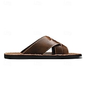billige Ferietøfler-brune sandaler i imitert skinn med kryssrem – uformelle slip-on sandaler med slitesterk såle, perfekt for hverdagskomfort, ferie og utendørseventyr