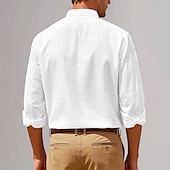 preiswerte Business Casual-Herren Baumwoll-Leinen-Hemd Tiefer Ausschnitt Einfach Urlaub Strand Schwarz Weiß Khaki Dunkelgray Langarm Großvaterkragen Sommer Frühling Bekleidung Tasche