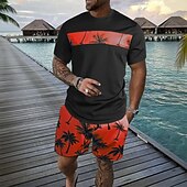 billiga T-shirts med tryck för män-Herr Palmträd 2st T-shirts uppsättningar Summer Tops Kortärmad Korta byxor Rund hals Ledigt Tillflykt Ledigt Utekväll Semesterkläder 3D-utskrift Sommar Blå Rodnande Rosa Grön