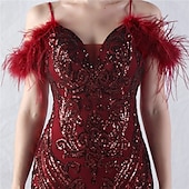 economico ROSSO-Abiti Quinceanera Mermaidi  Trumpet in Paillettes Elegante Abito Formale Semi Formale Matrimonio Lunghezza P_avimento Senza Maniche Scollo a V Tulle Volant con Piume
