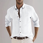 economico Casual da lavoro-Per uomo Camicia in cotone e lino Semplice Vacanza Casual Quotidiano Nero Bianco Azzurro cielo Cachi Manica Lunga Bavero Abbigliamento Bottonato