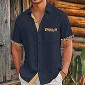 preiswerte Straße-Herren Hemd Leinenhemd Wikinger-Stil Sommerhemd Strandbekleidung Knopfhemd Einfarbig Urlaub Kreuzfahrt Schwarz Marineblau Kurzarm Kragen Sommer Frühling &amp; Sommer Bekleidung Farbblock