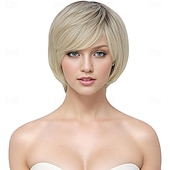 cheap Older Wigs-Ombre Blonde Wig Pixie Wig with Bangs for Daily Use or Cosplay Natural Straight Layered Synthetic Hair Short Wigs for Women Ladies