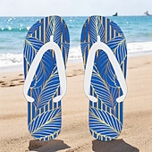 cheap Vacation Sandals-Men’s Blue Leaf Printed Flip Flops – Tropical &amp; Stylish Style for Beach Vacations, Island Hopping &amp; Beachside Dinners