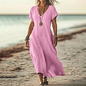 abordables concevoir des robes en coton et lin-Robe midi féminine robe d&#039;été décontractée quotidienne vacances plage ajustement régulier lin-like unie à manches courtes col en V blanc rose bleu vert été