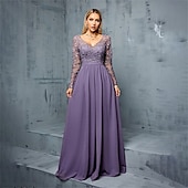 voordelige Avondjurken-A-Lijn Quinceanera Jurken Elegante Jurk Bruiloft Bruiloft Gast Vloerlengte Lange Mouw V-hals Chiffon met Plissé