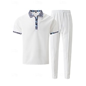 voordelige T-shirt sets voor heren-Voor heren Wafel Shirt T-shirt past Shirt- en broeksets 2 stuks outfits Korte mouw Revers Zomer Kleurenblok Modieus Casual Lapwerk 2-stuks Vakantie Alledaagse kleding Uitgaan Zwart Wit Koningsblauw