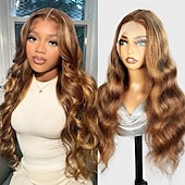 economico Parrucche lace front capelli veri-Parrucca in pizzo trasparente con meches 13x4 p4/27, parrucca in capelli umani con onda del corpo, densità 150%