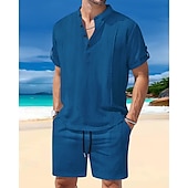 cheap Men&#039;s Tee Sets-Men&#039;s T-shirt Suits 2 Pieces Outfits Tee &amp; Shorts Short Sleeve Henley Summer Plain Fashion Casual 2 Piece Vacation Daily Wear Going out White Royal Blue Brown Top Tee for Men