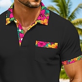 cheap Men's Classic Polo-Men's Polo Golf Shirt Casual Holiday Lapel Short Sleeve Fashion Basic Floral Hawaii Patchwork Pocket Summer Spring Regular Fit Black Fuchsia Turquoise Polo