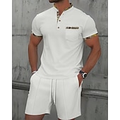 cheap Men&#039;s Tee Sets-Men&#039;s Waffle Shirt T-shirt Suits 2 Pieces Outfits Tee &amp; Shorts Short Sleeve Standing Collar Summer Color Block Fashion Casual 2 Piece Front Pocket Vacation Daily Wear Going out Black White Royal Blue