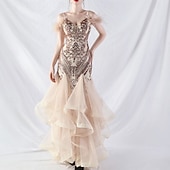 economico ROSSO-Abiti Quinceanera Mermaidi  Trumpet in Paillettes Elegante Abito Formale Semi Formale Matrimonio Lunghezza P_avimento Senza Maniche Scollo a V Tulle Volant con Piume
