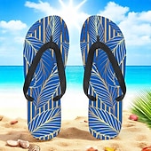 cheap Vacation Sandals-Men’s Blue Leaf Printed Flip Flops – Tropical &amp; Stylish Style for Beach Vacations, Island Hopping &amp; Beachside Dinners