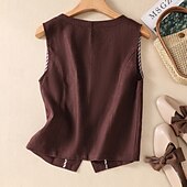 preiswerte Hemden-Damen Weste aus Baumwolle und Leinen, schlicht, modern, lässig, ärmellos, V-Ausschnitt, normale Passform, Oberteile, Urlaub, Ausgehen, Knöpfe, Tasche, Weiß, Braun, Khaki, Aprikose, Sommer