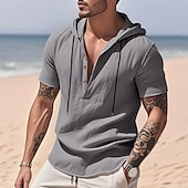 preiswerte Baumwoll-Leinenhemd-Herren Hemd Leinenhemd Popover-Hemd Freizeithemd Baumwollhemd Einfach Urlaub Straße Schwarz Weiß Gelb Marineblau Kurzarm Mit Kapuze Sommer Bekleidung Button-Down