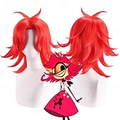 levne Anime paruky-hazbin hotelová syntetická paruka nifiti volná kudrna kudrnatá vazba vrstvený střih asymetrická paruka 16 palců a1 syntetické vlasy dámské cool klasika pohodlná červená