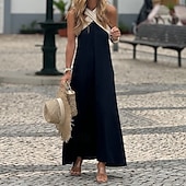 preiswerte Kleider aus Baumwolle und Leinen entwerfen-Damen Langes Kleid Maxikleid Baumwoll-Leinenkleid Mode Klassisch Täglich Ferien Ausgehen Normale Passform Farbblock Ärmellos V Ausschnitt Schwarz Weiß Sommer