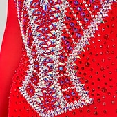 cheap Figure Skating Dresses-Figure Skating Dress Women's Girls' Ice Skating Dress Red Patchwork Open Back Mesh High Elasticity Training Competition Skating Wear Classic Crystal / Rhinestone Long Sleeve Ice Skating Figure Skating