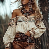 preiswerte Boho Tops-Damen Westernbluse Boho-Hemd Bluse Blume Modern Boho Langarm Schulterfrei Normale Oberteile Täglich Ausgehen Druck Aprikose Sommer
