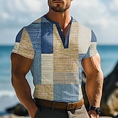 preiswerte Geometrisch-Herren Karomuster Patchwork T Shirt Henley Hemd Kurzarm Designer Retro Vintage Trendy Straße Lässig Täglich Sommer Frühling Grau Violett Blau Khaki Henley Henley T-Shirt