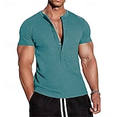 preiswerte Basic-T-Shirts-Herren T Shirt Henley Hemd T-Shirt Kurzarmshirt Kurzarm Henley Sommer Frühling Einfach Mode Designer Basic Knöpfe Urlaub Straße Ausgehen Schwarz Blau Grün Top T-Shirt für Herren