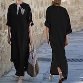 cheap Dresses-Women&#039;s Long Dress Maxi Dress Cotton Linen Dress Classic Daily Holiday Going out Regular Fit Plain Long Sleeve V Neck Black White Wine Dark Gray Summer