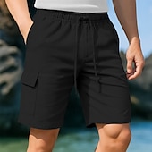 cheap Holiday-Men&#039;s Cargo Shorts Shorts Linen Shorts Summer Shorts Beach Shorts Drawstring Elastic Waist Multi Pocket Plain Knee Length Outdoor Casual Daily Vacation Hawaiian Black White Micro-elastic