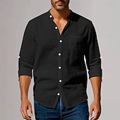 preiswerte Business Casual-Herren Baumwoll-Leinen-Hemd Tiefer Ausschnitt Einfach Urlaub Strand Schwarz Weiß Khaki Dunkelgray Langarm Großvaterkragen Sommer Frühling Bekleidung Tasche