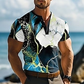 cheap Geometrical-Men&#039;s Marble pattern T Shirt Henley Shirt Short Sleeve Designer Retro Vintage Trendy Street Casual Daily Summer Spring Blue Yellow Green Brown Henley Henley T-Shirt