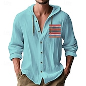 preiswerte Klassiker-Herren Hemd leinenhemd Sommerhemd Strandhemd Knopfhemd Kapuzenhemd Einfach Urlaub Alltagskleidung Schwarz Weiß Himmelblau Khaki Langarm Mit Kapuze Sommer Bekleidung Patchwork
