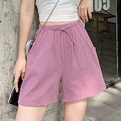 お買い得  コットンリネンショートパンツ-女性用 リネン風ショートパンツ スラックス クロップパンツ ファッション ストリートファッション 膝丈 ナチュラルウエスト 平織り ポケット 弾性巾着デザイン 快適 通気性 お出かけ 週末 フォレストグリーン ブラック ターコイズ ホワイト 夏 レギュラー