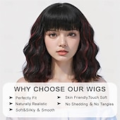 baratos Perucas Sintéticas sem Touca-Peruca curta ondulada com franja para mulheres, comprimento dos ombros, bob, perucas sintéticas cacheadas com ondulado natural, preto, misto, vinho tinto, peruca resistente ao calor para uso diário em