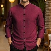 economico Casual da lavoro-Per uomo Camicia in cotone e lino Colore Solido / Tinta Unita Vacanza Nero Bianco Verde chiaro Rosa Manica Lunga Nonno Abbigliamento