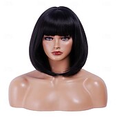 economico Parrucche trendy sintetiche-Parrucca rugelyss nera corta e liscia con frangia, 12 pollici, parrucche sintetiche per donne e ragazze con cuffia per parrucca