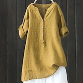 preiswerte Hemden-Damen Hemd Baumwoll-Leinen-Hemden Bluse Einfach Modern Lässig Langarm V Ausschnitt Normale Oberteile Täglich Ferien Ausgehen Knöpfe Schwarz Gelb Marineblau Beige Sommer