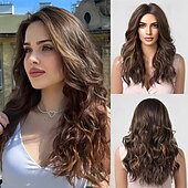 abordables Pelucas sintéticas de moda-Pelucas rizadas marrones para mujer, peluca de cabello sintético con reflejos rubios.