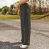 baratos Calça de linho de algodão simples-Mulheres Calças de linho de algodão Calças Roupa de rua Casual Comprimento total Natural Tecido Design de cordão elástico Confortável Exterior Roupa Diária Final de semana Preto Azul Marinho Escuro