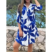 tanie Damskie topy z grafiką-Damskie Sukienka mini Sukienka koszulowa Codzienne sukienki Letnie sukienki Moda Nowoczesny Codzienny Weekend Regularny Kwiaty Kształt listka Długi rękaw Kołnierzyk koszuli Czarny Biały Niebieski