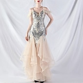 economico ROSSO-Abiti Quinceanera Mermaidi  Trumpet in Paillettes Elegante Abito Formale Semi Formale Matrimonio Lunghezza P_avimento Senza Maniche Scollo a V Tulle Volant con Piume