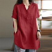 economico Camicie-Per donna Camicie di cotone e lino Semplice Quotidiano Elegante Essenziale Manica Corta Scollo a V Top Regolari Lavoro Quotidiano Ferie Tasca Nero Vino Cachi Estate Primavera