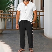 baratos Retrô-Homens Calças de linho Calças Calça verão Calças largas Com Cordão Cintura elástica Botão Lateral Tecido Respirável Comprimento total Ao ar livre Férias Casual Férias Estilo Étnico Preto Branco