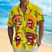 cheap Food &amp; Drinks-Men&#039;s Cactus Funny Pepper Shirt Summer Hawaiian Shirt Button Up Shirt Short Sleeve Hawaiian Vacation Holiday Beach Wear Summer Spring Turndown 3D Print Collared Shirts Front One Pocket Yellow